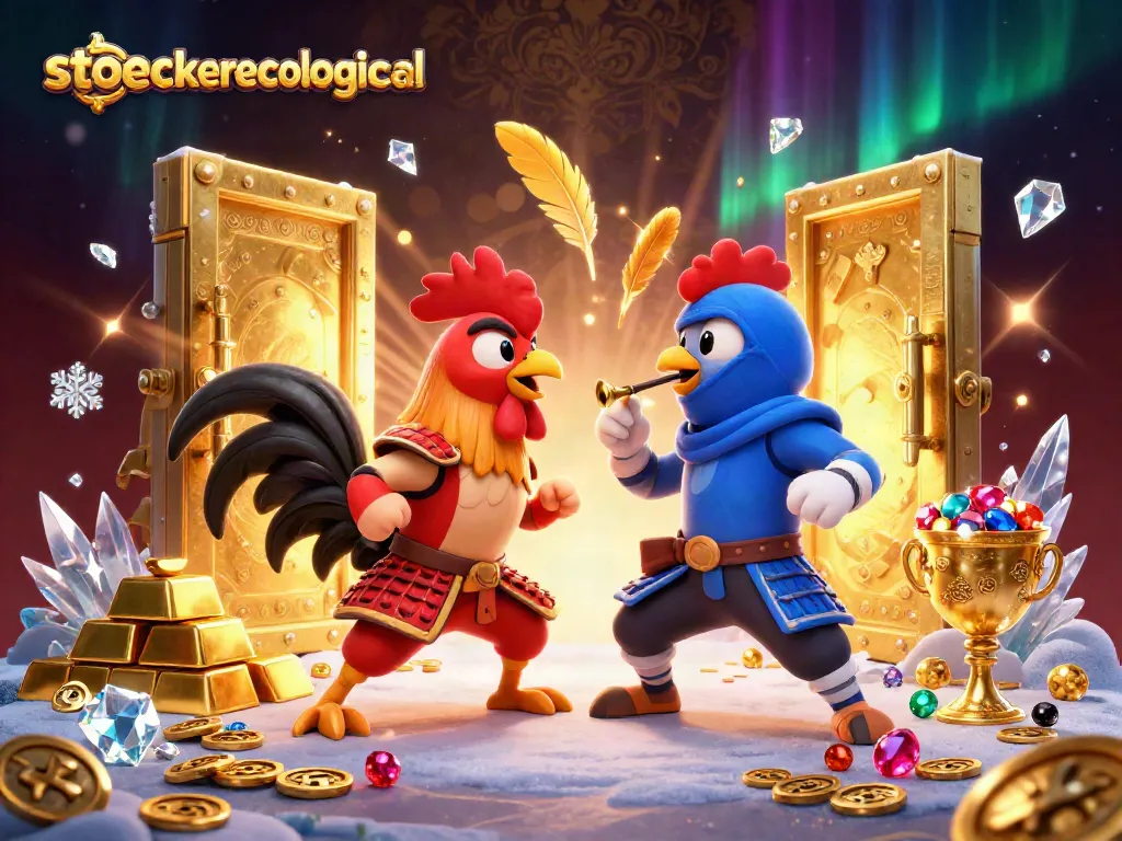 Stoecker Ecological showcases intense rooster duel amid sparkling treasures in an engaging gambling scene.