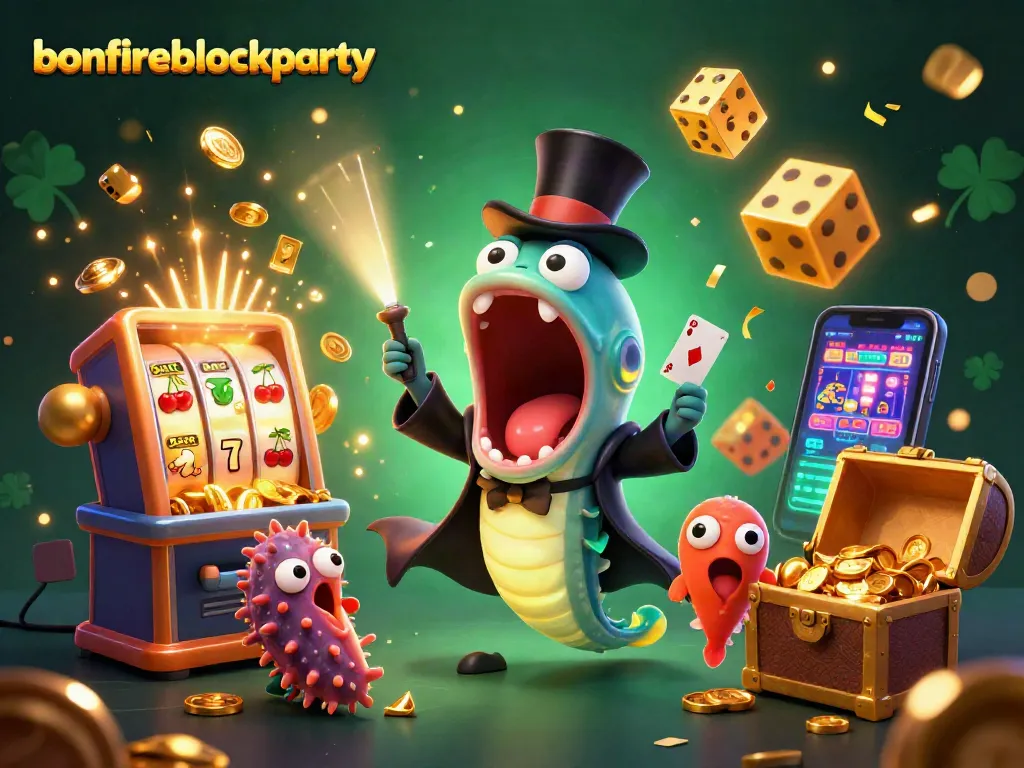 Engage in the bonfireblockparty with vibrant casino game excitement, featuring animated characters.