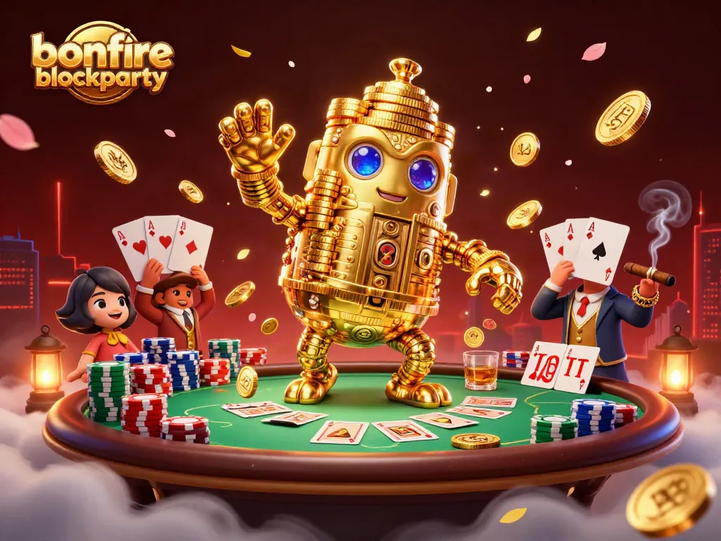 Engage with the excitement of bonfireblockparty in a vibrant casino scene with animated golden golem and poker elements.