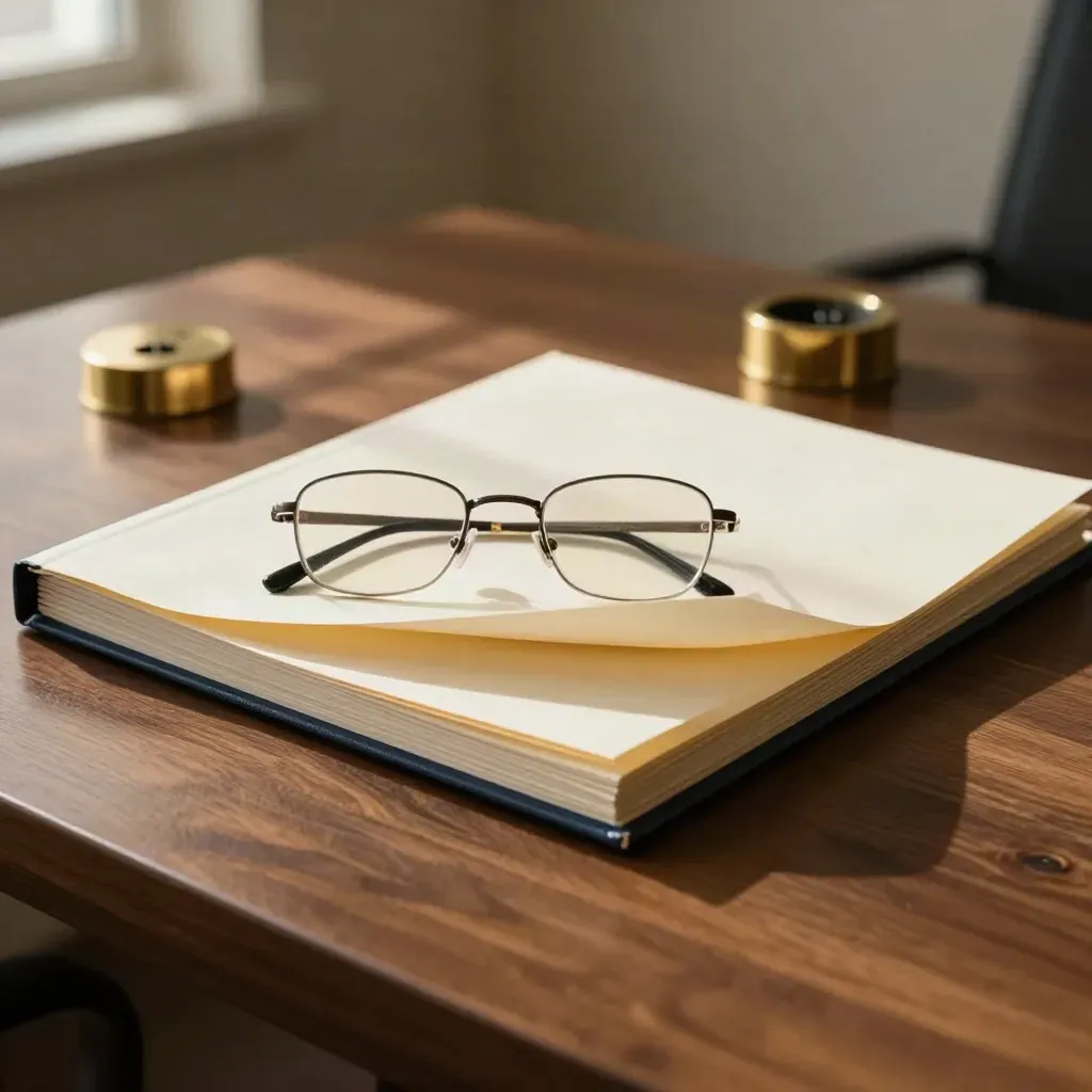 Carpeta legal en mesa de nogal con gafas y detalle de latón bajo luz cálida.