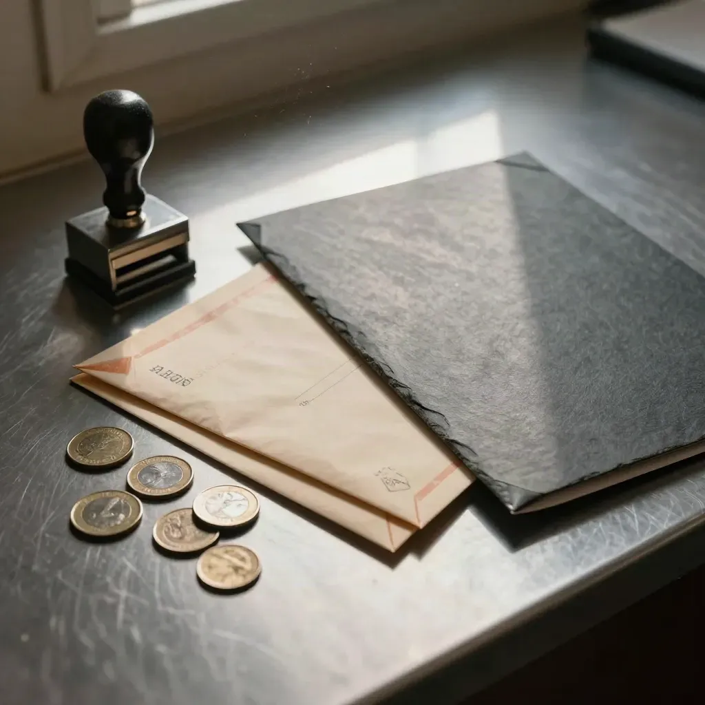 Sobres devueltos, sello metálico, monedas y carpeta gris sobre mostrador de acero.