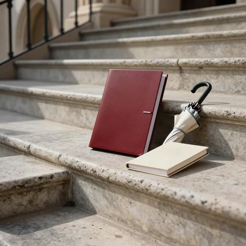Carpeta roja, libreta cerrada y paraguas plegado en escaleras de piedra de un juzgado.