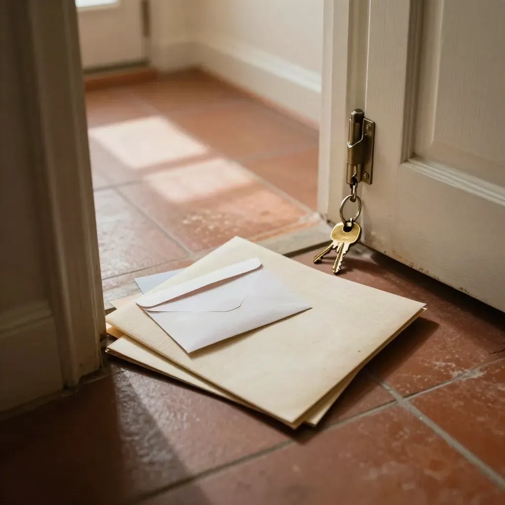 Llaves, carpeta de alquiler y sobre de fianza junto a la puerta recién cerrada en el recibidor.