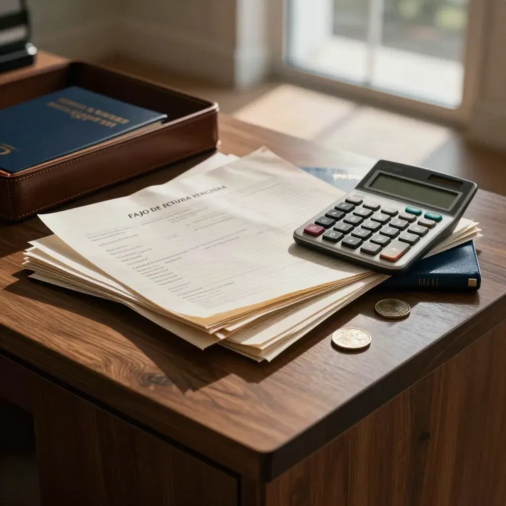 Facturas vencidas, calculadora apagada y moneda sobre un escritorio de despacho.