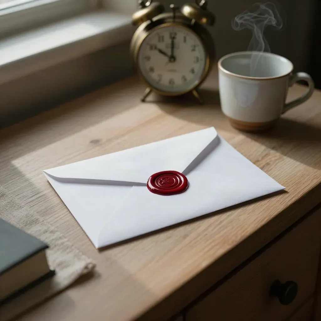Sobre blanco con lacre, reloj desenfocado y taza de cerámica junto a la ventana.