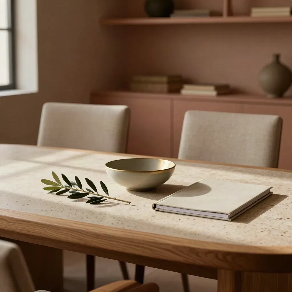 Sala de mediación con mesa de madera, dos sillas vacías, cuenco y rama de olivo.