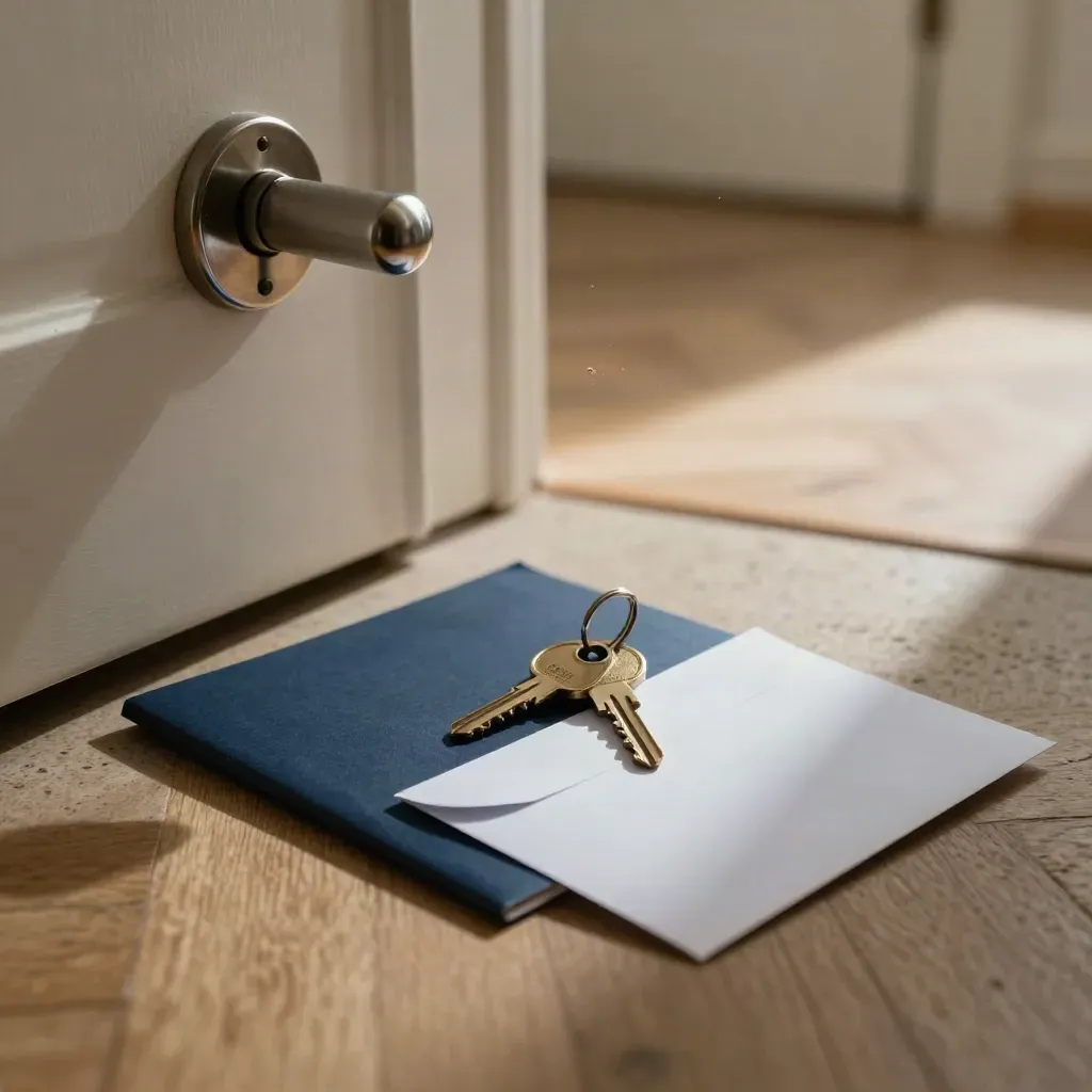 Llave de piso y carpeta de alquiler junto a una puerta recién cerrada, en un umbral en penumbra.
