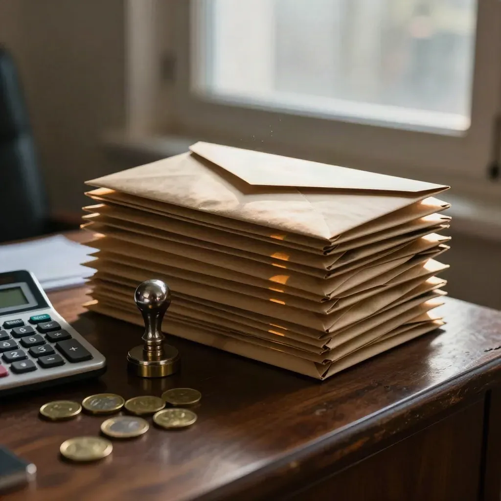 Sobres kraft apilados, sello metálico, calculadora y monedas junto al canto de un escritorio.