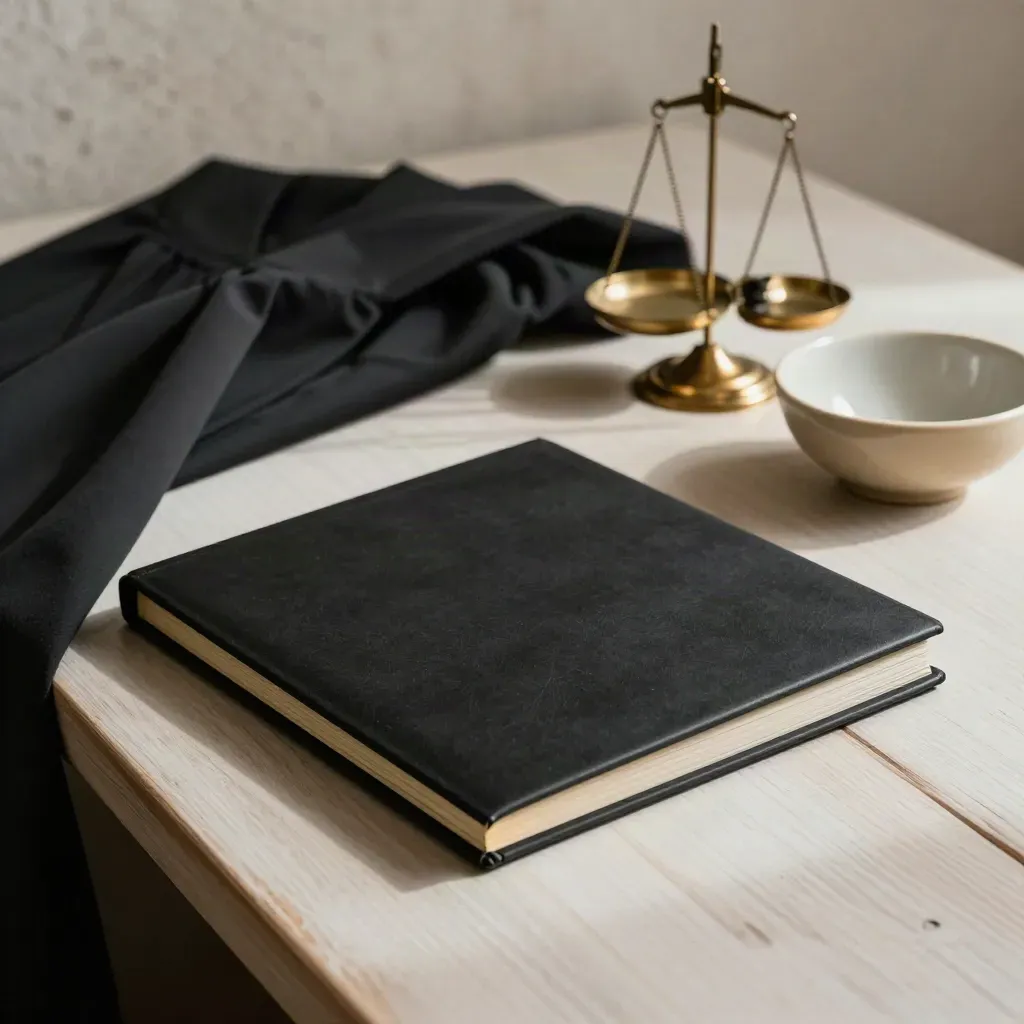 Carpeta legal negra con toga, balanza y cuenco sobre madera clara, luz suave lateral.
