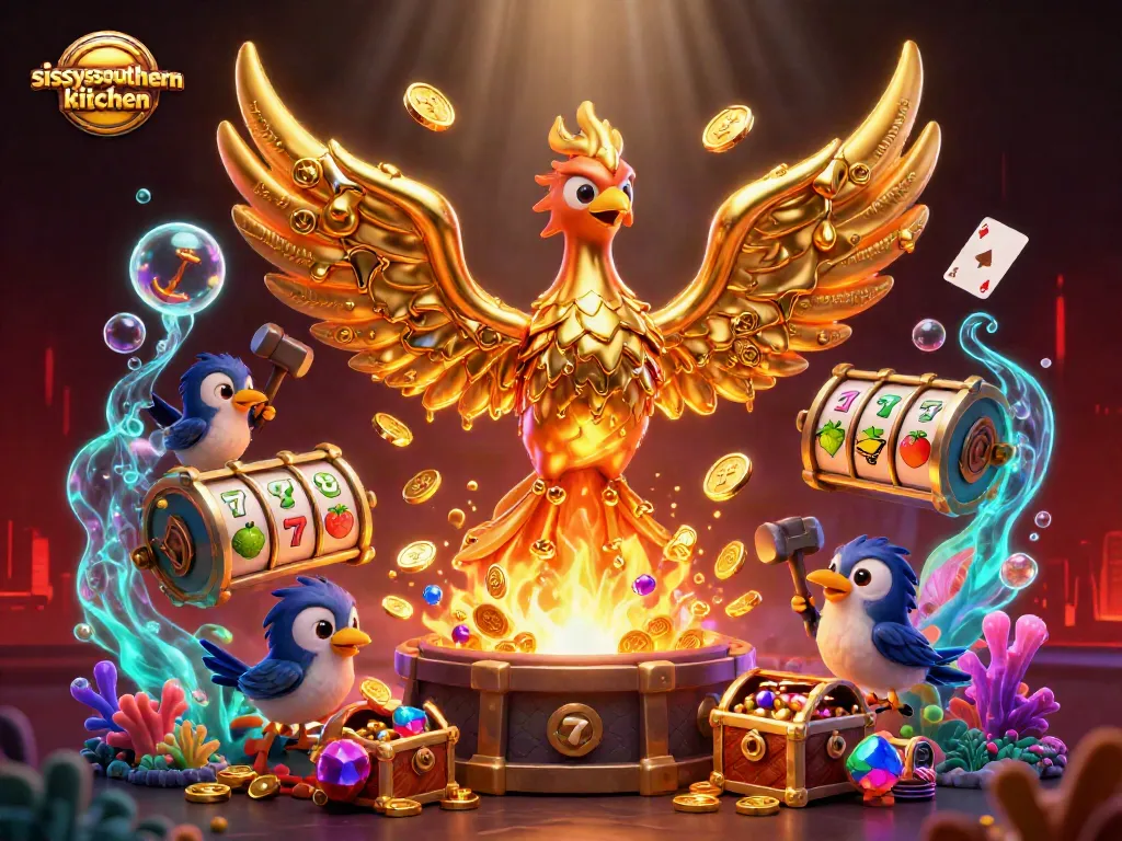 Sissyssouthernkitchen showcases an exciting gaming scene with golden phoenix and dynamic casino elements.